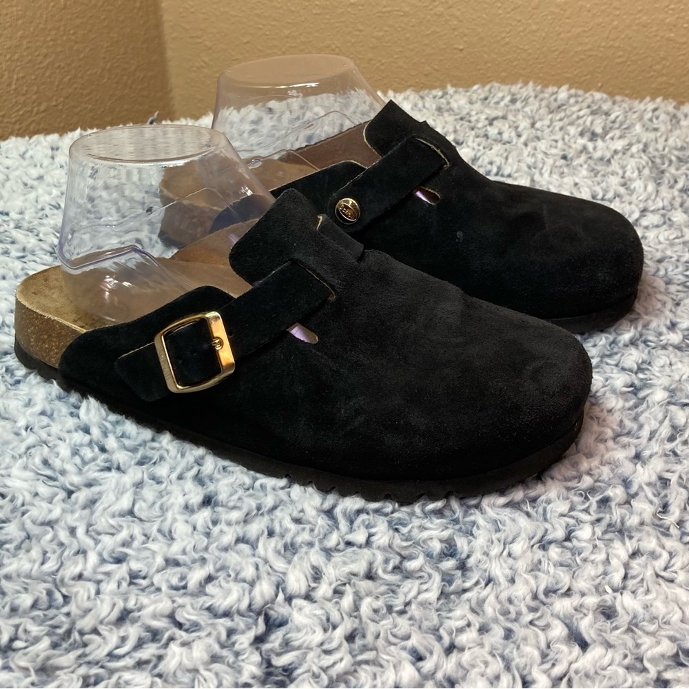 Scholl Black Suede Slip On Sandals Softstep Size 40 / US Size 9 Mules
